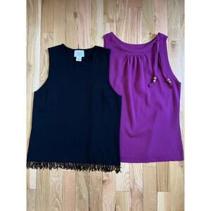 LOFT Y2K Black Bead Fringe Purple Wood Bead Tie 2-Bundle Knit Tank Tops (size M)